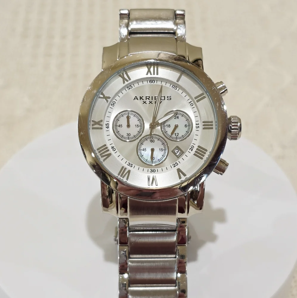 Akribos XXIV Grandiose Chronograph Large Men's Watch Stainless MOP Accent Runs